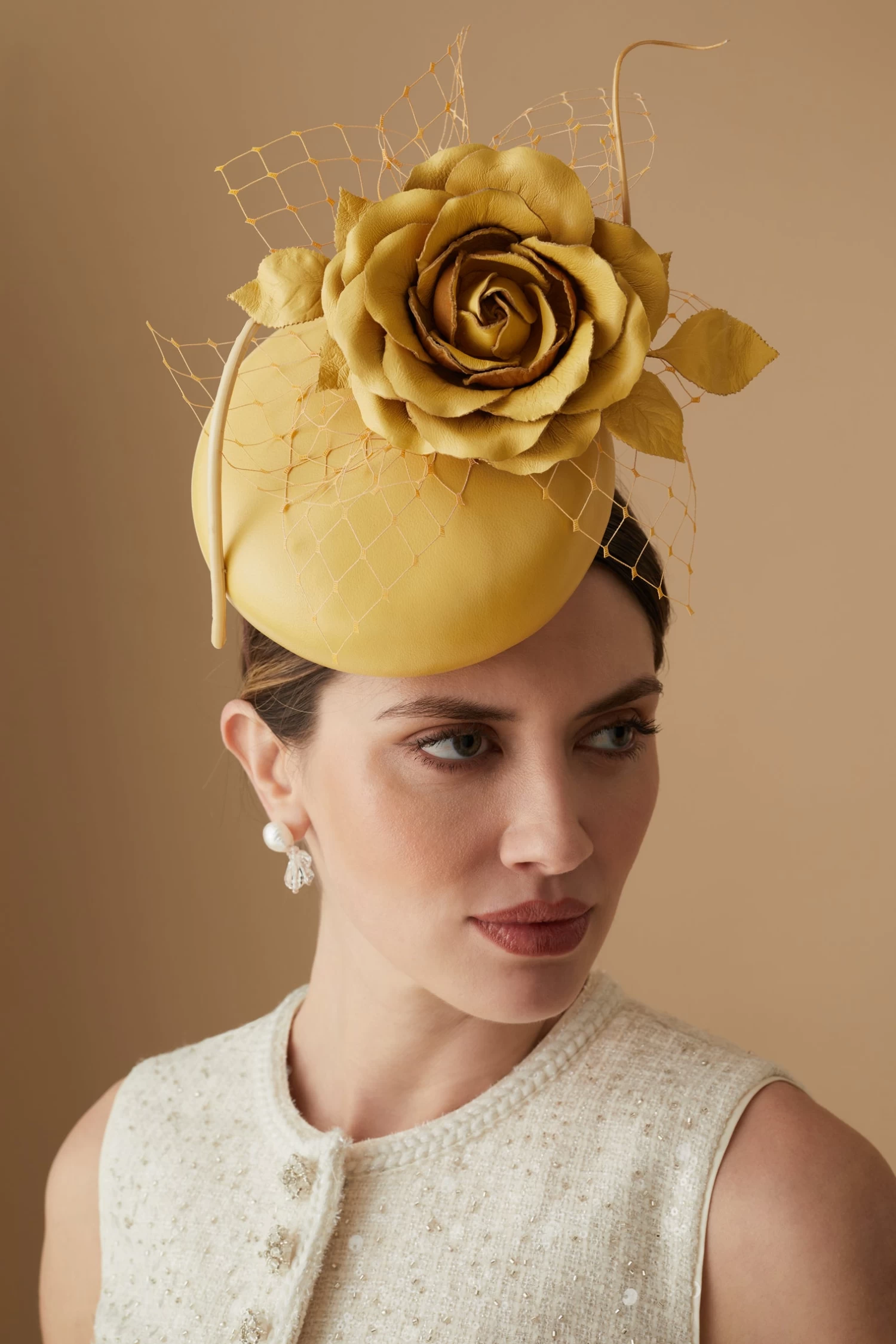 Rose Bud Yellow Leather Percher Hat 1 Rose Bud Yellow Leather Percher Hat